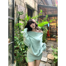 批发实拍 韩系高级感套<b class='q'>装</b>女秋纯欲露肩<b class='q'>长袖</b>针织衫上衣高腰短<b class='q'>裤</b>两件套