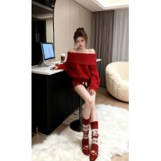 马海毛+水貂绒#白色翻领一字肩麻花毛衣女秋冬温柔慵懒风针织衫