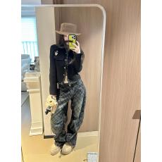 批发实拍 美式水洗做旧网格阔腿<b class='q'>牛仔</b>裤男女宽松休闲百搭拖地长裤