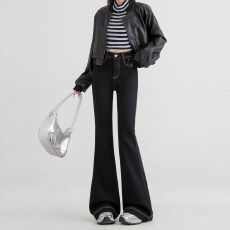 批发小个子梨形身材胖mm喇叭裤女黑色大码微喇裤高腰显瘦马蹄<b class='q'>牛仔</b>裤子