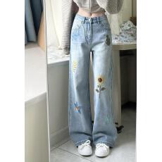 批发实拍 美式复古蓝色<b class='q'>牛仔裤</b>女花卉刺绣水洗直筒裤设计感百搭长裤