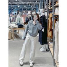 批发复古小众灰色拉链针织衫毛衣秋冬气质通勤宽松上衣女+白色<b class='q'>牛仔</b>裤