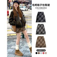 批发550克原版质量 咖色复古毛呢格子裙女秋季<b class='q'>包臀</b>短裙高腰a字<b class='q'>半身裙</b>