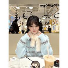 圣诞水蓝色兔子费尔岛提花针织开衫羊毛毛衣可爱拉链秋冬