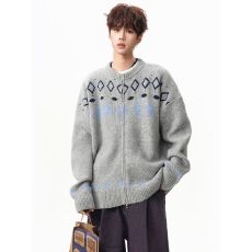 批发帛跃美式复古<b class='q'>男</b>女开衫外套秋冬新款毛衣休闲慵懒风圆领<b class='q'>针织衫</b>