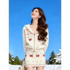 批发韩系甜妹<b class='q'>可爱</b>蝴蝶结连帽毛衣显瘦百搭针织衫上衣短裙两件套