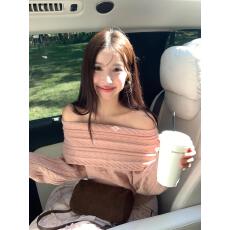 批发时髦精<b class='q'>轻熟</b>风一字肩绞花毛衣2025法式千金气质氛围感露肩针织衫