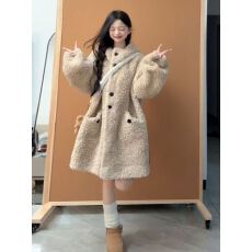 批发羊羔连帽加厚大衣皮毛皮草中长款宽松2025韩系新款外套毛毛