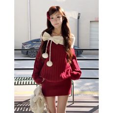 圣诞穿搭红色毛衣连衣裙女秋冬季蝴蝶结毛球针织衫宽松一字肩上衣