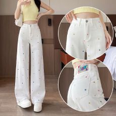 批发秋冬高腰显瘦小个子白色波点阔腿<b class='q'>牛仔裤</b>女直筒梨形身材拖地弯刀裤