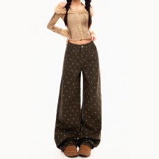 批发复古碎花<b class='q'>牛仔裤</b>2026年棕色裤子女秋冬新款高腰宽松休闲直筒阔腿裤