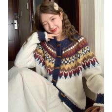 绵羊绒费尔岛花纹毛衣开衫新款韩系软糯气质百搭上衣