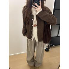 批发美拉德咖色假两件毛衣<b class='q'>外套女</b>秋冬慵懒感针织开衫上衣