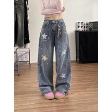 批发美式高街星星贴布阔腿牛仔裤裤子女款2025<b class='q'>冬</b>季新款宽松百搭拖地裤