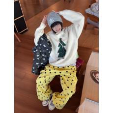 批发黄色波点休闲裤女秋<b class='q'>冬</b>加绒加厚宽松慵懒松弛感直筒裤