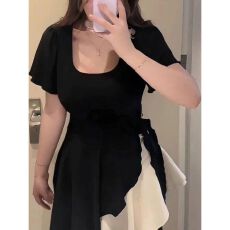 百搭不规则绑带通勤显瘦韩版U领T恤上衣