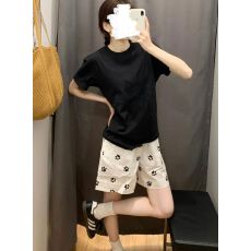 批发2026新款可爱狗脚印高腰休闲裤女夏季宽松阔腿原宿风休闲百搭短裤