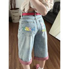 批发美式复古街头格纹拼接<b class='q'>牛仔</b>七分裤<b class='q'>男</b>女夏季显瘦百搭阔腿<b class='q'>短裤</b>