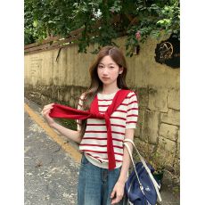 批发撞色条纹短袖<b class='q'>针织衫</b>夏季新款带披肩休闲穿搭宽松显瘦上衣女