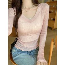 辣妹风V领长袖T恤新款修身显瘦小众别致上衣