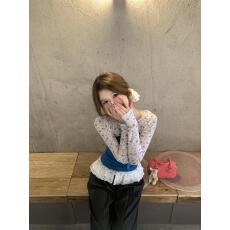 批发一字肩蝴蝶结蓝色抹胸女早春新款<b class='q'>碎花</b>长袖t恤两件套装