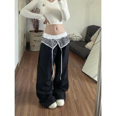 批发蕾丝拼接美式叠穿设计感绑带伞兵裤女夏季宽松休闲褶皱<b class='q'>阔腿裤</b>潮