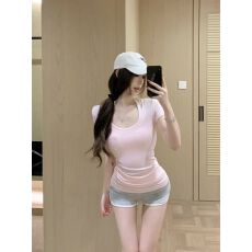 批发纯欲风大u领短袖正肩T恤女夏季收腰<b class='q'>修身</b>内搭小个子百搭上衣