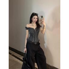 批发美式辣妹格纹一字肩<b class='q'>短袖</b><b class='q'>衬衫</b>女夏季新款露肩上衣