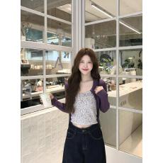 批发紫色针织开衫<b class='q'>女</b>早春新款韩系修身紫色碎花吊带背心<b class='q'>女</b>内搭套装