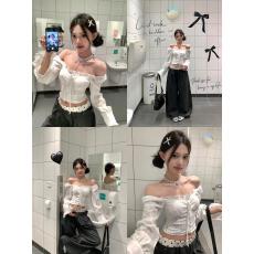 批发法式甜美绑带一字肩<b class='q'>长袖</b><b class='q'>衬衫</b>女春秋设计感小众显瘦蕾丝拼接上衣