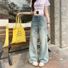 批发春季新款<b class='q'>浅色</b>胖mm高级感宽松大码<b class='q'>牛仔裤</b>女高腰显瘦直筒阔腿拖地裤