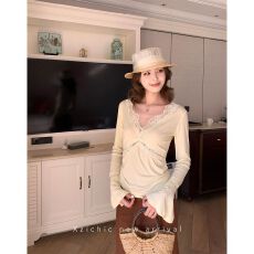 批发亲肤舒适V领辣妹微弹长袖<b class='q'>T</b><b class='q'>恤</b>女蕾丝拼接上衣2026春夏季