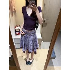 批发基础深V领<b class='q'>修身</b>打底短袖复古双层拼接模糊波点半身裙套装