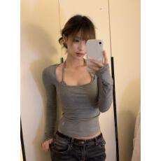 批发美式辣妹纯欲挂脖绑带假两件<b class='q'>T</b><b class='q'>恤</b>女早秋独特别致修身性感长袖上衣