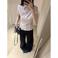 批发美式复古女ins正肩翻领修身显瘦polo领波点衬衫