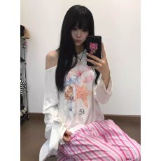 批发防晒罩衫女印花慵懒风上衣微透<b class='q'>长袖</b>斜肩防晒罩衫