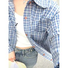 批发蓝色格子衬衫小<b class='q'>外套</b>春季休闲长袖格纹防晒衬衣复古法式上衣女夏季