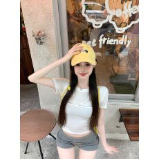 批发精棉210克蝴蝶结蕾丝拼接灰色正肩短袖t恤修身显瘦短款辣妹上衣