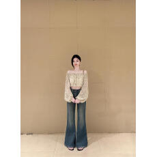 批发法式灯笼袖一字肩长袖波点雪纺衬衫女春夏季<b class='q'>新款</b>露肩短款小衫上衣