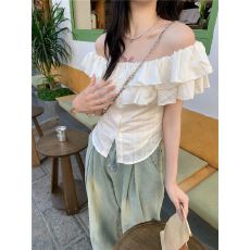 批发原版条纹面料 有抽筋 夏季收腰<b class='q'>显瘦</b>掐腰<b class='q'>衬衣</b>小众设计感露肩上衣