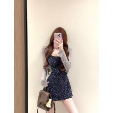 批发法式蓝色吊带碎花裙夏季法式连衣裙设计感辣妹裙子