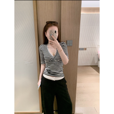 莱赛尔纯欲风条纹性感气质七分袖T恤女装夏季修身百搭收腰V领上衣