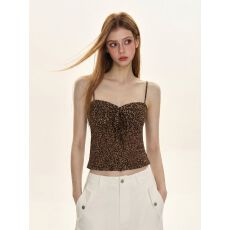 纯欲豹纹吊带小背心女夏季穿搭美式辣妹性感内搭压褶系带短款上衣