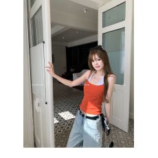 橘色拼接假两件修身吊带背心女夏辣妹显瘦无袖收腰上衣