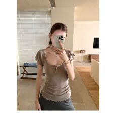 原版天丝大U领正肩短袖T恤女夏季木耳边辣妹性感收腰纯色简约上衣