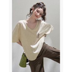 V领印花短袖T恤女夏休闲落肩中长款上衣