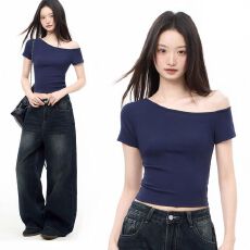 藏青色斜肩短袖设计感修身露肩t恤