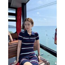 批发减龄学院风针织条纹连衣裙女夏撞色修身短袖T恤裙子