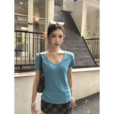 批发竹节棉短袖<b class='q'>t</b><b class='q'>恤</b>女2026新款夏季穿搭设计感v领蓝色炸街独特漂亮上衣