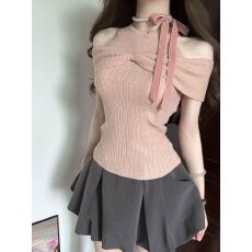 批发甜美风粉色蝴蝶结扭结设计感针织衫女夏修身露肩上衣